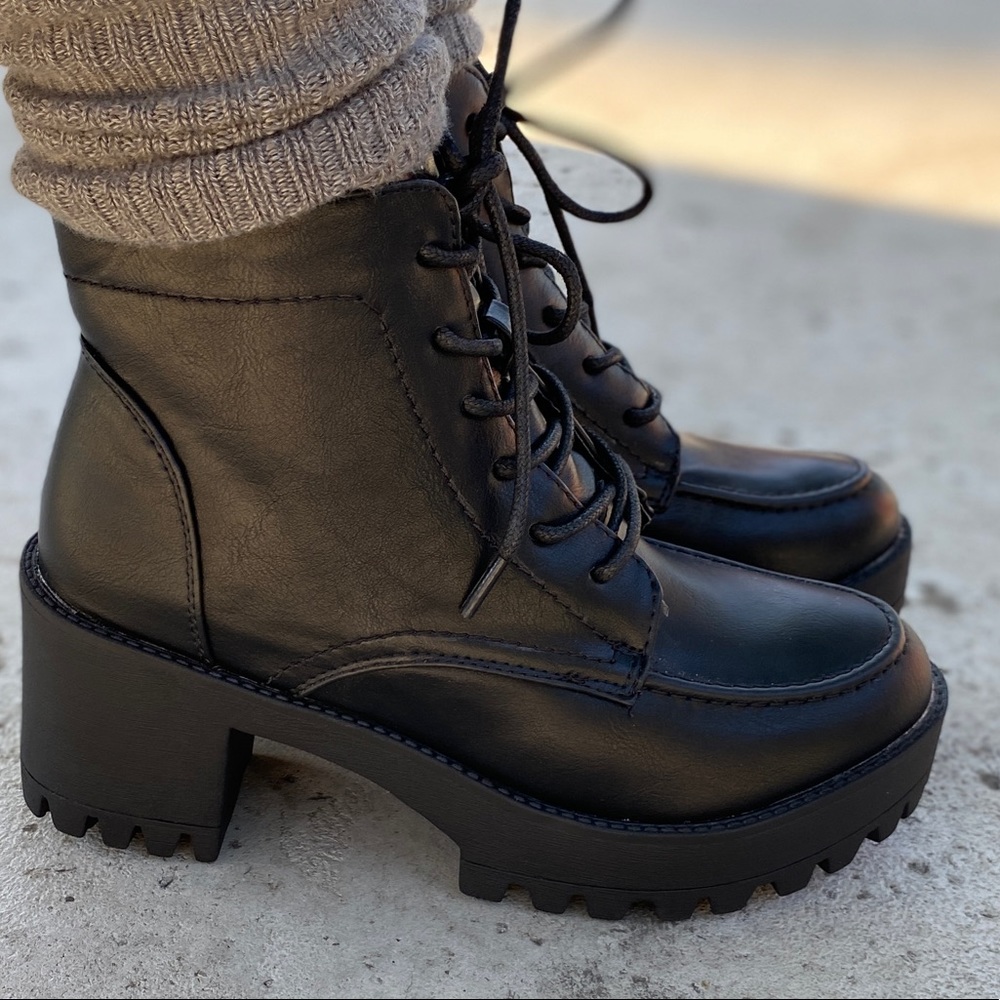 Black Faux Leather Lug Sole Lace Up Combat Boots - Picture 7 of 8